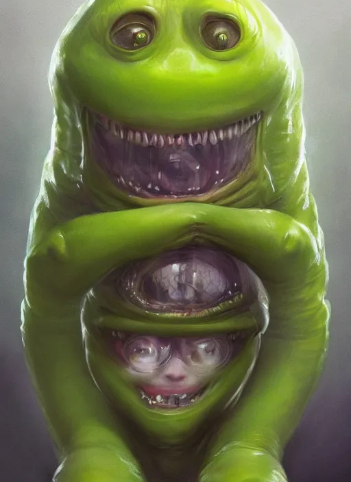 Image similar to hyper realistic portrait of my happy, smiling, waifu cute innocent green amorphous blob, slimy alien creature with adorable uwu eyes, it has several human arms out stretched to grab me. painted by greg rutkowski, wlop,,