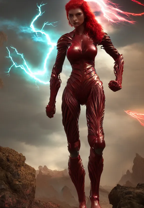 Image similar to vfx, octane render, zbrush, beautiful anatomically correct woman, wearing spandex armour with flowing red hair and green eyes, super hero full body, walking towards the camera, volumetric lightning, highly detailed, UE5 render, art station, center of picture.