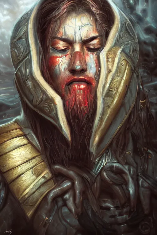 Prompt: portrait of a warrior crying. fantasy, digital painting, hd, detailed.