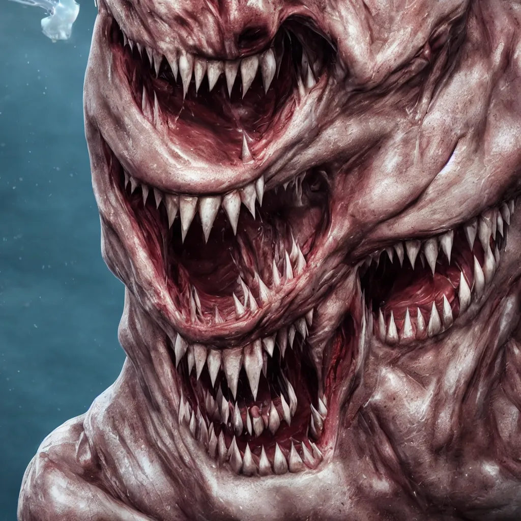 Image similar to A human with shark head made of muscles and flesh, very angry, teeth, ambient light, terror, glows, realistic, photo-realism, hyper realism, picture, detailed, 3D render, scary, distant shot, in the distance,