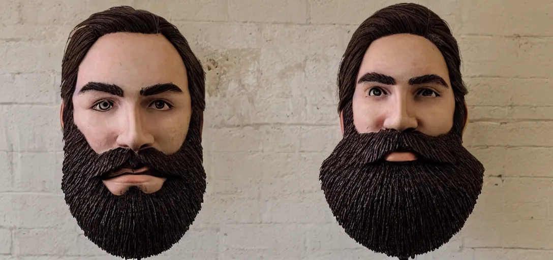 Prompt: a life size beard wearing a human on its face