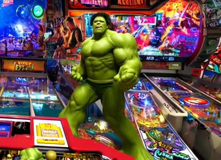 Prompt: film still of hulk playing pinball in the new avengers movie, 4 k