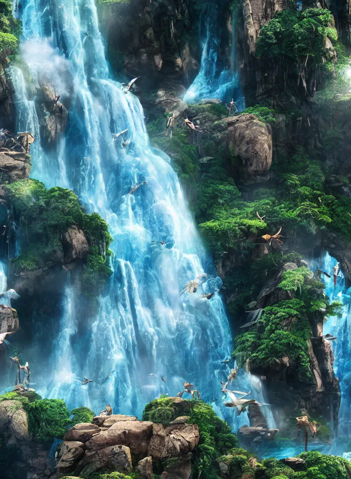 Prompt: avatar movie, sky, waterfalls, tall big rocks, hight detailed, drammatic light, cinematic, octane