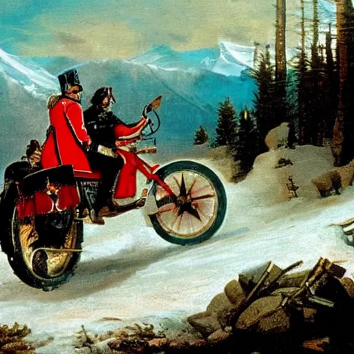 Image similar to Napoleon Crossing the Alps on a Harley Davidson