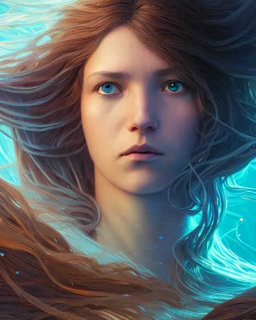 Image similar to highly detailed surreal vfx portrait of female water mage with long - brown flowing hair, blue eyes, stephen bliss, unreal engine, greg rutkowski, loish, rhads, beeple, makoto shinkai and lois van baarle, ilya kuvshinov, rossdraws, tom bagshaw, alphonse mucha, global illumination, detailed and intricate environment