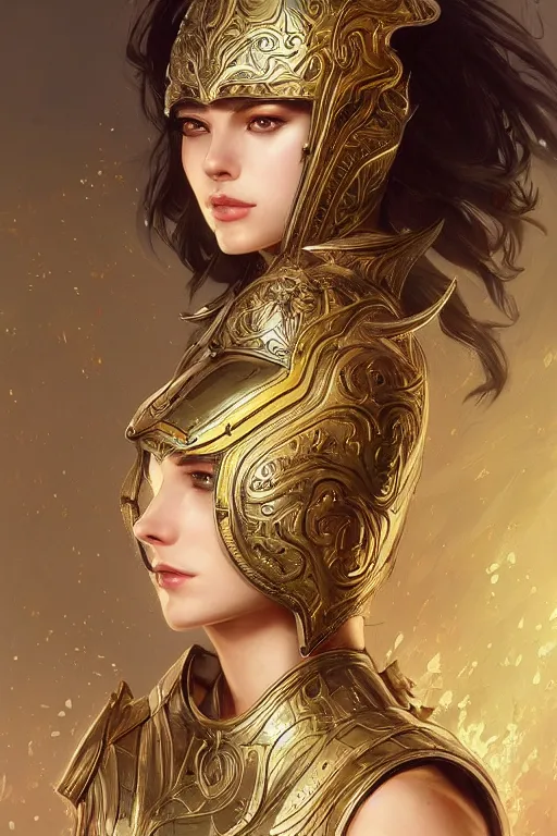 Image similar to attractive young female, ornate metallic helmet, battle armor, olive skin, long dark hair, beautiful bone structure, intricate, elegant, highly detailed, digital painting, artstation, concept art, smooth, sharp focus, illustration, art by artgerm and greg rutkowski and alphonse mucha