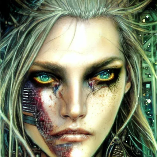 Prompt: an award finning closeup facial portrait by luis royo and john howe of a very beautiful and attractive female bohemian cyberpunk traveller aged 6 0 0 years old with green eyes and freckles in clothed in excessively fashionable cyberpunk gear and wearing ornate warpaint