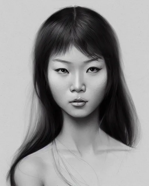 Prompt: a beautiful hyperrealistic asian girl portrait and body in pencil from a photo, by Peter Mohrbacher, technical drawing, blueprint diagram, trending on artstation