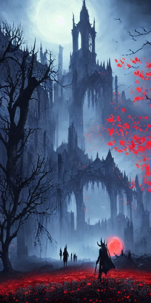 Prompt: abandoned bloodborne old valley with a obscure person at the centre and a ruined gothic city in the background, trees and stars in the background, falling red petals, epic red - orange moonlight, perfect lightning, wallpaper illustration by niko delort and kentaro miura, 4 k, ultra realistic