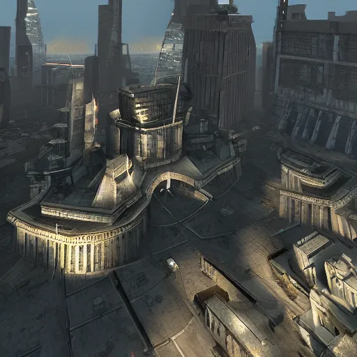 Image similar to a high quality far away picture portraying half life 2's combine citadel, portraying its huge scale emerging from the center of city 17