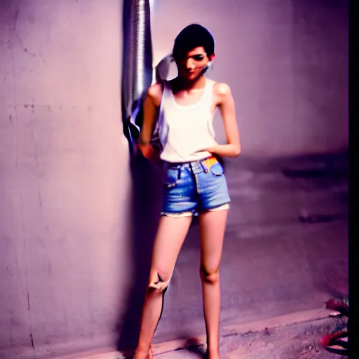 Image similar to gracefully enchanting studio portraiture of finely fashionable, elegantly dressed, stunning reserved young uzbek model who is slender, tank top, denim shorts. nikon fm 2 film still taken in a boiler room. by the greatest artists of art deco and modern manga