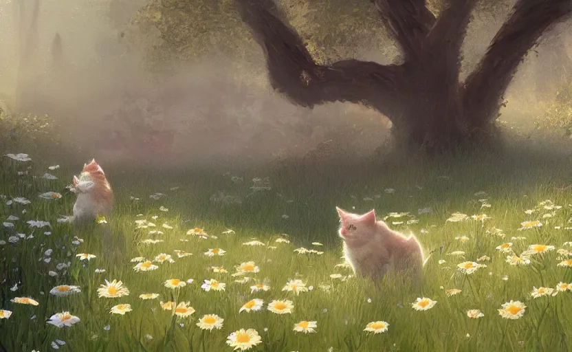 Image similar to cats and daisies, painting by craig mullins, octane rendering, soft morning lighting, wide angle lens, in the style of hayao miyazaki, trending on artstation,