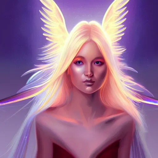 Prompt: Winged girl angel with blonde hair and glowing halo, iridescent, seraphim, fantasy, intricate, elegant, highly detailed, digital painting, artstation, concept art, smooth, sharp focus, illustration, art by PHAZED