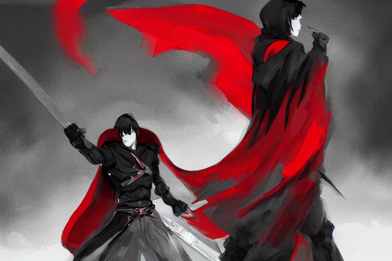 Image similar to a twin blade muscular swordsman, red and black cape and hoodie, scary, intimidating, worn out clothes, torn clothes, concept by James Paick