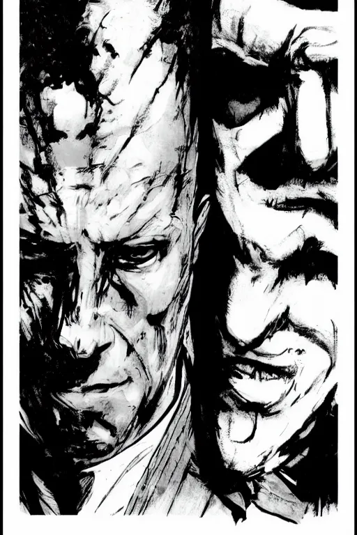 Prompt: Rorschach and The Comedian aka Edward Morgan Blake from the movie Watchmen painted by Dave Gibbons, Greg Rutkowski and Norman Rockwell, Sadamoto Yoshiyuki, Yoki Shinkawa, high detailed perfect faces, trending on Artstation, page scan from book, watchmen comics color scheme, noisy film grain effect, super wide shot, 30mm, intricate, fine details, trending on artstation