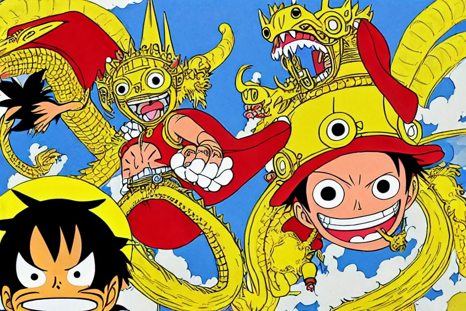 Prompt: concept sketches of luffy wearing a gold crown riding a large dragon by jamie hewlett, in the style of megaman, micro detail, disney cartoon