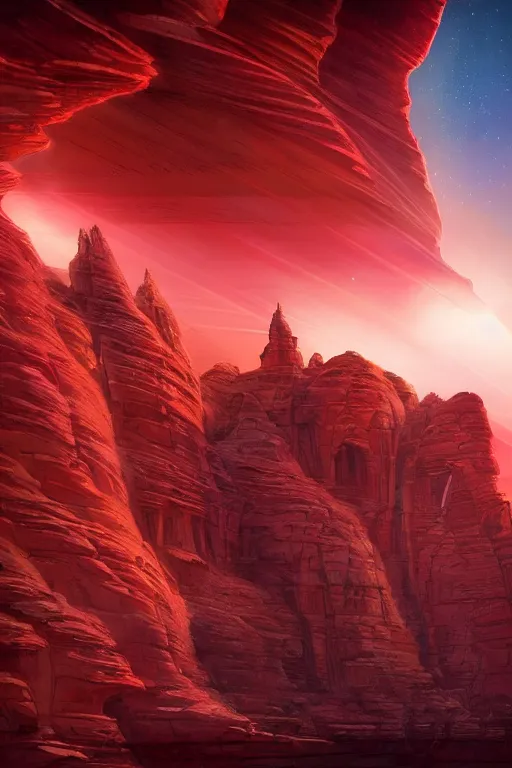 Image similar to futuristic temple in red canyon, star trails above, dramatic lighting, artstation, matte painting, ralph mcquarrie, raphael lacoste, zaha hadid