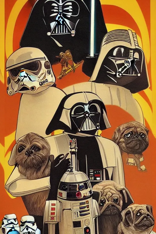 Prompt: vintage 1 9 7 7 star wars episode iv a new hope movie poster by tom jung, with pug droids, pug darth vader, and pugs instead of people