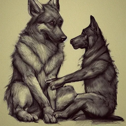 Image similar to two humanoid german shepherds beast - men, sitting on a couch and hugging together, artstation, concept art, smooth, sharp foccus ilustration, artstation