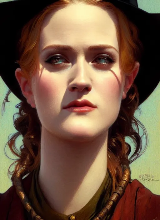 Image similar to portrait of evan rachel wood as a cowboy, 1 8 9 0, western, hat, colt, intricate, headshot, highly detailed, digital painting, artstation, concept art, sharp focus, cinematic lighting, illustration, art by artgerm and greg rutkowski, alphonse mucha, cgsociety