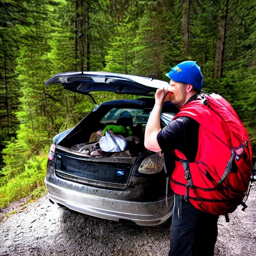 Prompt: hiker unloading the car before camping, style by etienne hebinger