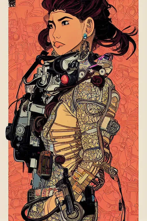 Image similar to beautiful cyborg police portrait girl female illustration detailed patterns art of thai traditional dress, pop art, splash painting, art by geof darrow, ashley wood, alphonse mucha, makoto shinkai