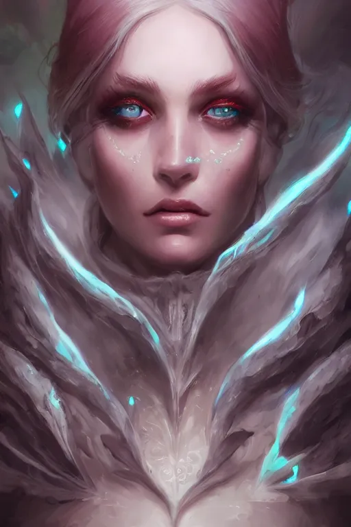 Prompt: face closeup beautiful girl necromancer full of sculls, wizard of the coast casting magic spell, angel, magic storm and thunder clouds, fantasy, magic the gathering, hyper detailed, 3 d render, hyper realistic detailed portrait, peter mohrbacher