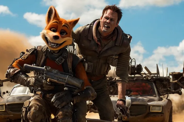 Image similar to nick wilde, heavily armed and armored facing down armageddon in a dark and gritty reboot from the makers of mad max : fury road