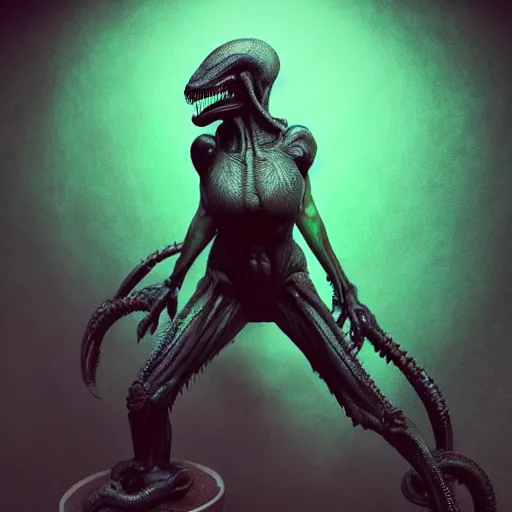 Prompt: xenomorph queen human hybrid, dragon eggs, dark emerald mist colors, giger void liminal backfill, realistic, award winning photograph, micro macro refine