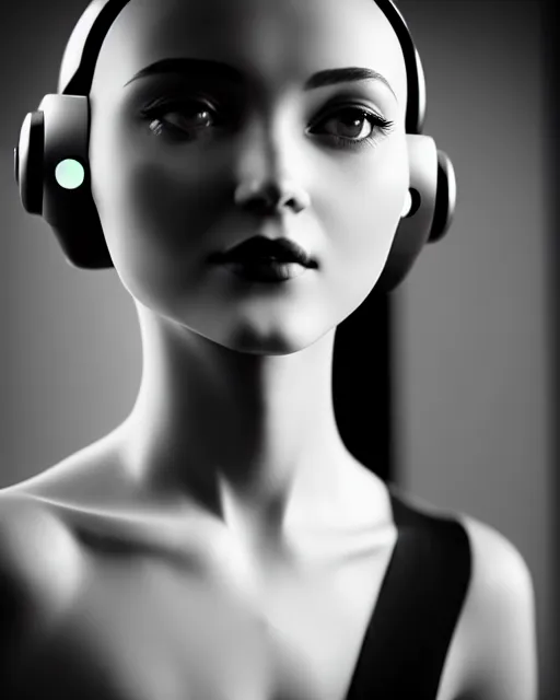Image similar to black and white dreamy young beautiful female artificial intelligence, cinematic, rim light, photo - realistic, elegant, high detail, 8 k, masterpiece, photo taken in 1 9 3 0