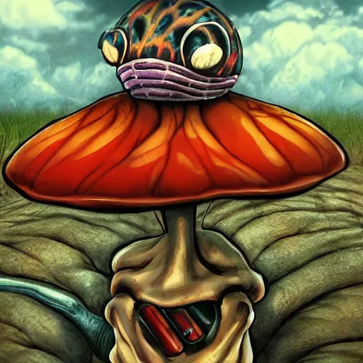 Image similar to A centered chest up portrait of a psychedelic demonic anthropomorphic moth smoking a hand-rolled cigarette smoking heavily , magic mushroom village in background , award winning. superb resolution. in the art style of junji Ito and greg rutkowski . Detailed Mushroom city in background. Hyper realistic anime. Perfect art. Dalle2