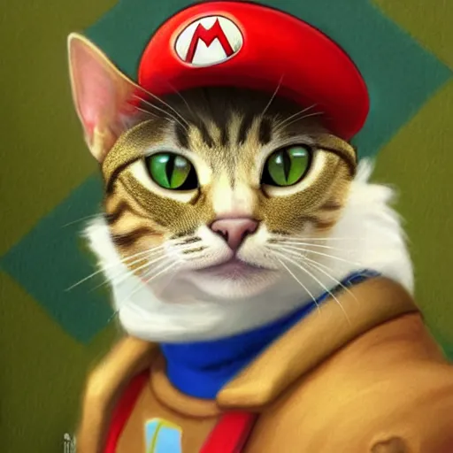 Prompt: Portrait of a Cat dressed as Super Mario, nintendo, highly detailed, digital painting, artstation, concept art, smooth, sharp focus, illustration, art by artgerm and greg rutkowski and alphonse mucha