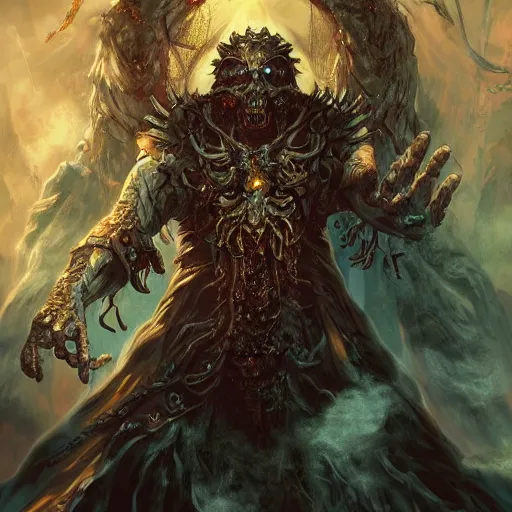 Image similar to high detailed figure of a majestic necromancer summoning the dead, malicious facial expression, full body figure, album cover detailed poster art style by Dariusz Zawadzki