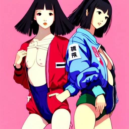 Image similar to a beautiful japanese natalie portman gravure model, wearing oversized native designer bomber jacket and leotard with overalls, bulky poofy bomber jacket with mesoamerican patterns, mesoamerican native street fashion, gapmoe yandere grimdark, trending on pixiv fanbox, painted by greg rutkowski makoto shinkai takashi takeuchi studio ghibli, akihiko yoshida