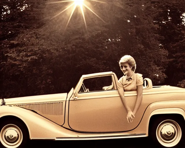 Image similar to sepia-toned vintage photograph of princess diana in an old Subaru, lens flare