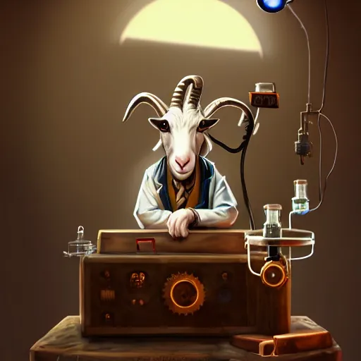 Prompt: a goat who is a mad scientist, wearing a lab coat, inventing a time machine, steampunk style, digital art, trending on artstation and unreal engine, deviantart, smooth, hyper detailed