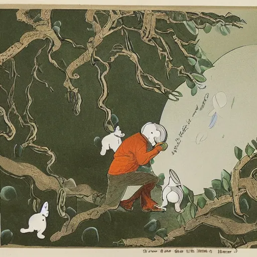 Prompt: A man cuts an osmanthus tree on the moon, surrounded by many small white rabbits.