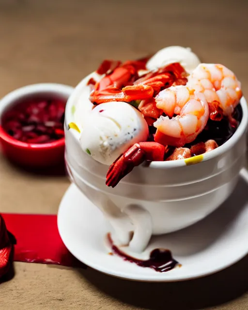 Image similar to dslr food photograph of a cup of ice cream sundae with shrimps on. 8 5 mm f 1. 4