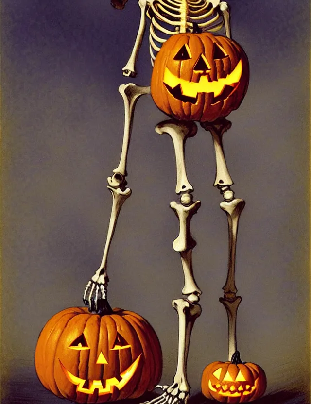 Image similar to a skeleton, holding a jack - o - lantern, as a matte oil painting and d & d character art, by gustave caillebotte, standing, fullbody, flying bats, loose pages, concept art, award - winning, extremely detailed, sharp focus