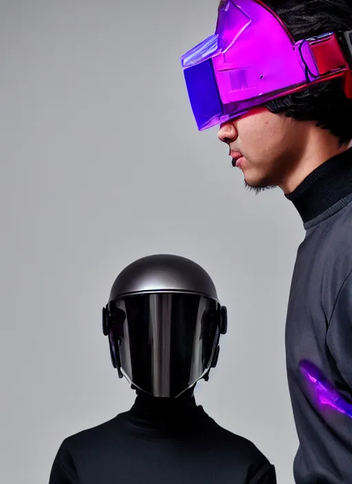 Prompt: Full-color Close upper body shot. Artistically angled streetwear attired subject. Professional studio streetwear portrait lighting. Wearing cool badass body-armor Technological DIY sci-fi helmet wearables designed by Ikeuchi Hiroto.