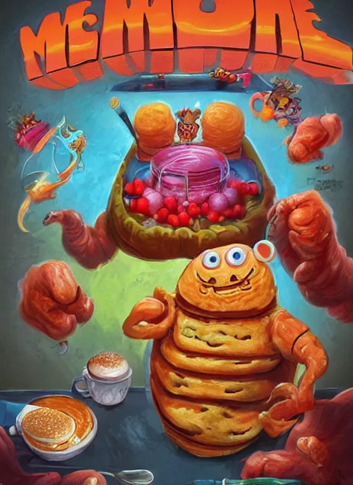 Image similar to good morning pancake and coffee monsters , breakfast monster ,doughnuts, cereal, waffles, colorful, digital art, fantasy, magic, trending on artstation, ultra detailed, professional illustration,chalk, poster artwork by Basil Gogos , clean