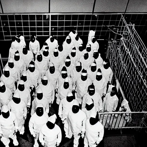 Image similar to MC Escher style underground lab, sterile, human farm, staff wearing hazmat suits, unknown location, photo taken from above, light and shadows