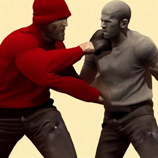 Image similar to jason statham fighting a pc, half body shot, path traced, fight scene, highly detailed, high quality, digital painting