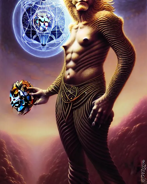 Image similar to a person and a lion tarot card, fantasy character portrait made of fractals, ultra realistic, wide angle, intricate details, the fifth element artifacts, highly detailed by peter mohrbacher, hajime sorayama, wayne barlowe, boris vallejo, aaron horkey, gaston bussiere, craig mullins