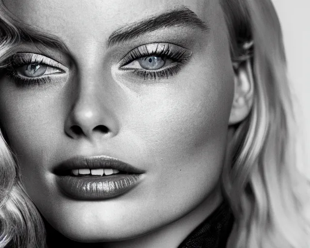 Image similar to a photo of margot robbie modeling the new iphone, hyper realistic face, beautiful eyes, cinematic, long shot, hyper detailed, 8 5 mm photograph, 8 k resolution, film still, sharp lens, wide lens