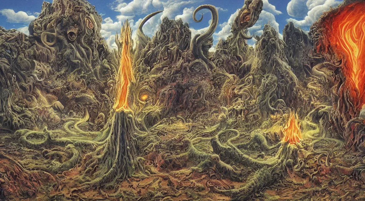 Image similar to a detailed portrait of satan with long horns. huge razor claws and fiery vortex eyes in a mystic cosmic labrynth, by roger dean, by robert hubert, by laurie lipton, detailed, realistic shadows, volumetric lighting, mythical creatures, rendered in redshift, matte painting