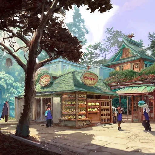 Image similar to concept art painting of a historic bakery with european and japanese architecture, in a woodland village surrounded by trees, realistic, detailed, cel shaded, in the style of makoto shinkai and greg rutkowski and james gurney