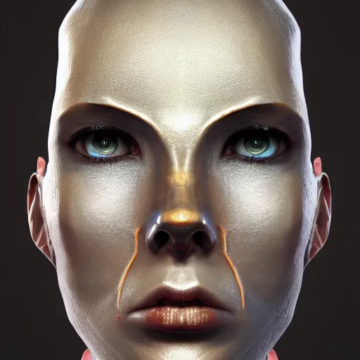 Image similar to centered detailed portrait of a scary robotic robot, realistic character concept, identical eyes, gazing eyes, video game art, fantasy, illustration, slender symmetrical face and body, artstation, cinematic lighting, hyperdetailed, cgsociety, 8 k, octane render, golden ratio, postprocessing