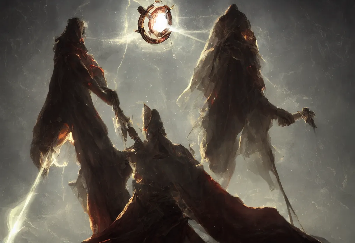 Prompt: the god of death in a cloak stood under a beam of light with a sickle by hiroshi yoshida and greg rutkowskicuilang plain, 4 k, detail, light effect, artstation