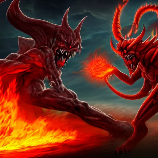 Image similar to a hyper realistic photo of the demon lord aatrox fighting against leg guy the unbeatable on a barren hellscape surrounded by a ring of fire, ultra detailed, hdr, 8 k